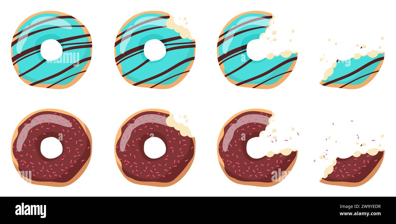 Gebissene und gegessen Donut Set der Animationssequenz. Stufen von Donut mit Pfefferminz und Schokoladenglasur essen, Kuchenbissen von ganz bis zur Hälfte und zum kleinen Stück mit Krümeln, Cartoon Vektor Illustration Stock Vektor