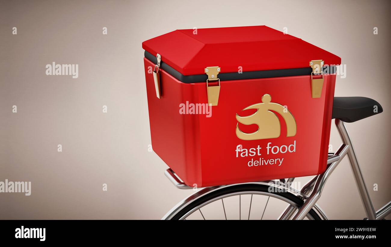 Fast Food Transportbox auf einem Fahrrad geladen. 3D-Abbildung. Stockfoto