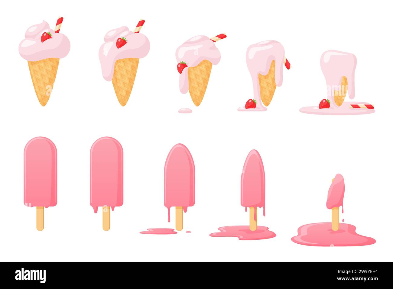 Schmelzendes Eis Set der Animationssequenz. Schmelzende Stufen Sammlung von Erdbeerbecher in Waffelkegel und rosa Eis von Ganzen zu geschmolzenen glänzenden süßen Pfützen Zeichentrickfilm-Vektor-Illustration Stock Vektor