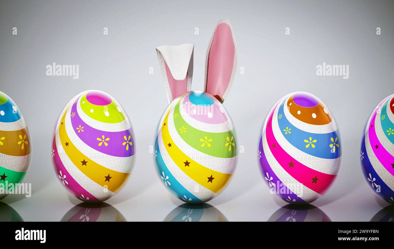 Osterei mit Hasenohren unter bunten ostereiern. 3D-Darstellung. Stockfoto