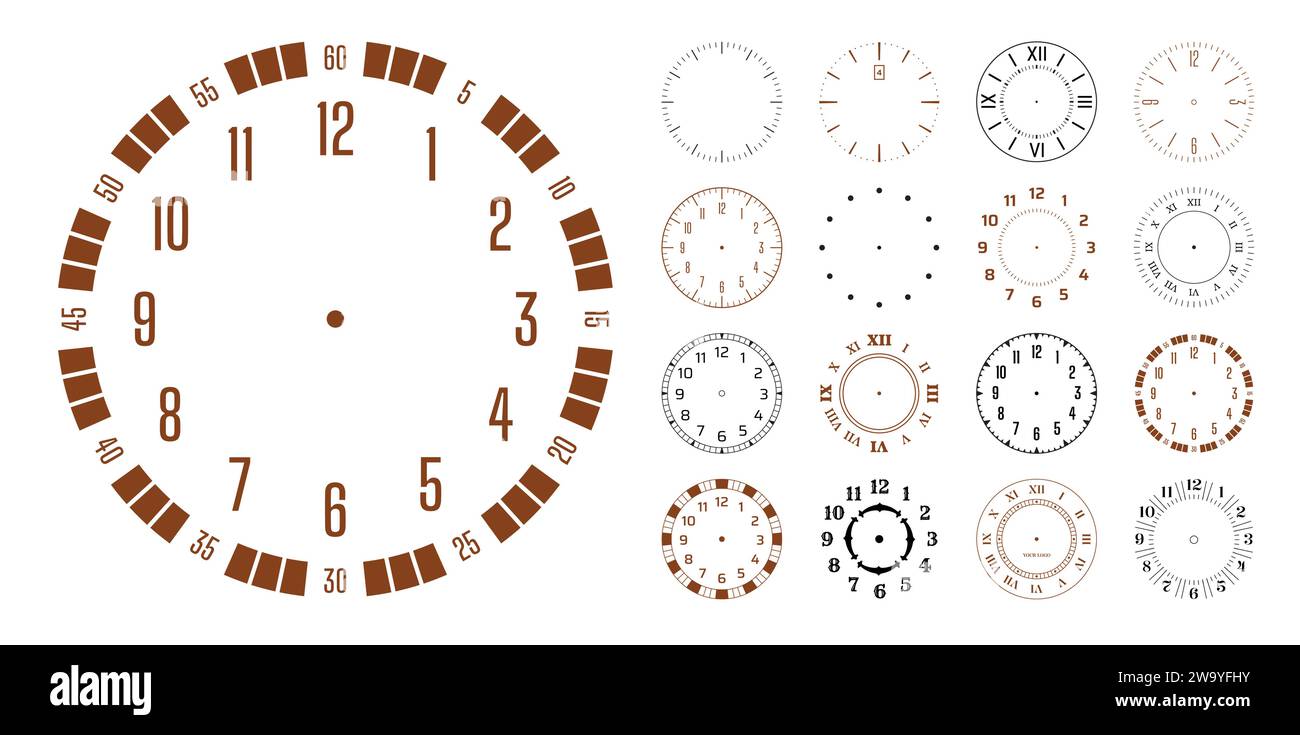 Vintage-Zifferblatt. Zifferblatt mit römischen Ziffern. Analoge antike Stundennummern für analoge gotische Wand. Sekundenzähler. Runder Chronometer im Retro-Design. Uhr tickt. Zeitelemente für Vektordesign festgelegt Stock Vektor