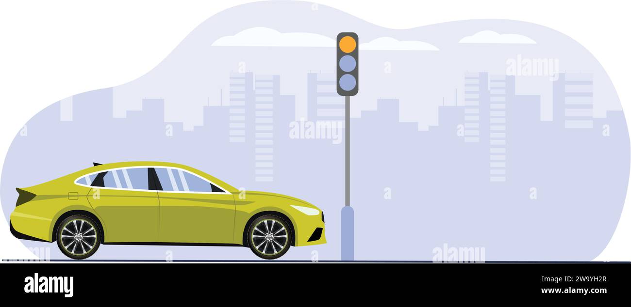 Grüne Limousine auf der Hintergrund-Illustration des roten Lichtes der Stadt Stock Vektor