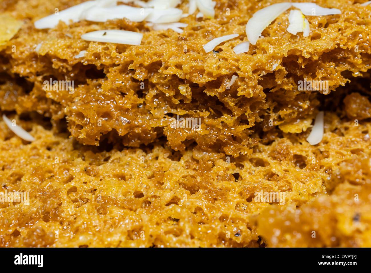 Ghewar traditionelle indische köstliche süße Nahaufnahme mit Details aus verschiedenen Blickwinkeln Stockfoto