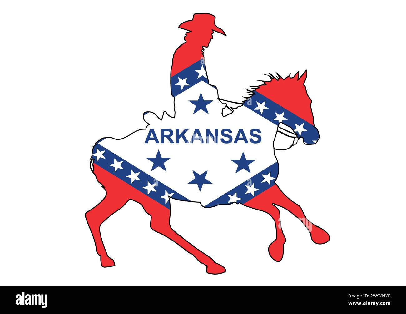 Eine Silhouette eines US-Cowboys auf einem Pferd mit eingesetzter Flagge der Arkansas State Flag Stock Vektor