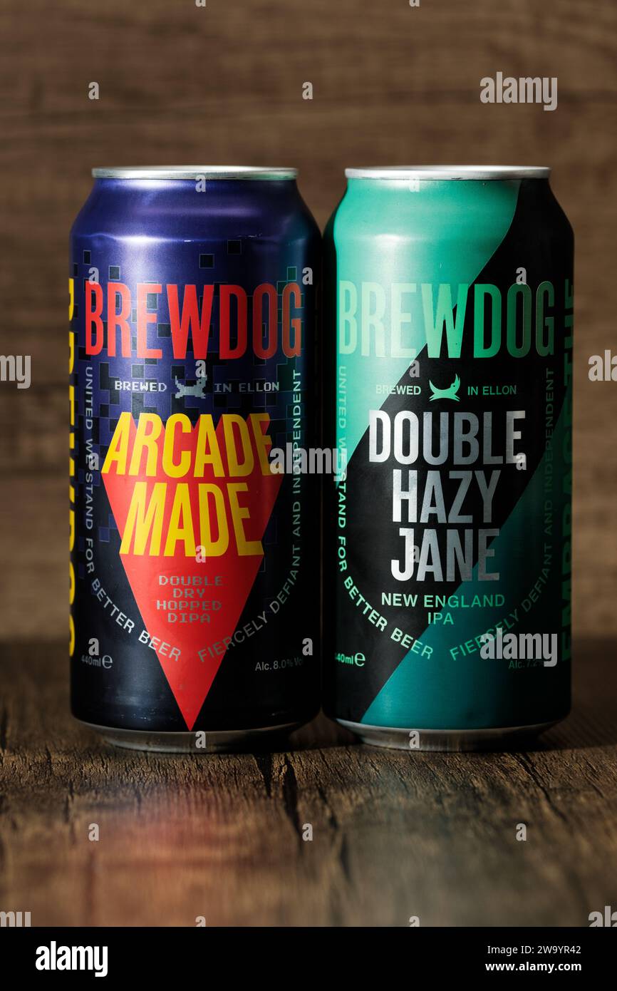 Newcastle UK: 22. April 2023: Dosen von BrewDog Craft Beer IPA. Doppeltes Hazy Jane Stockfoto