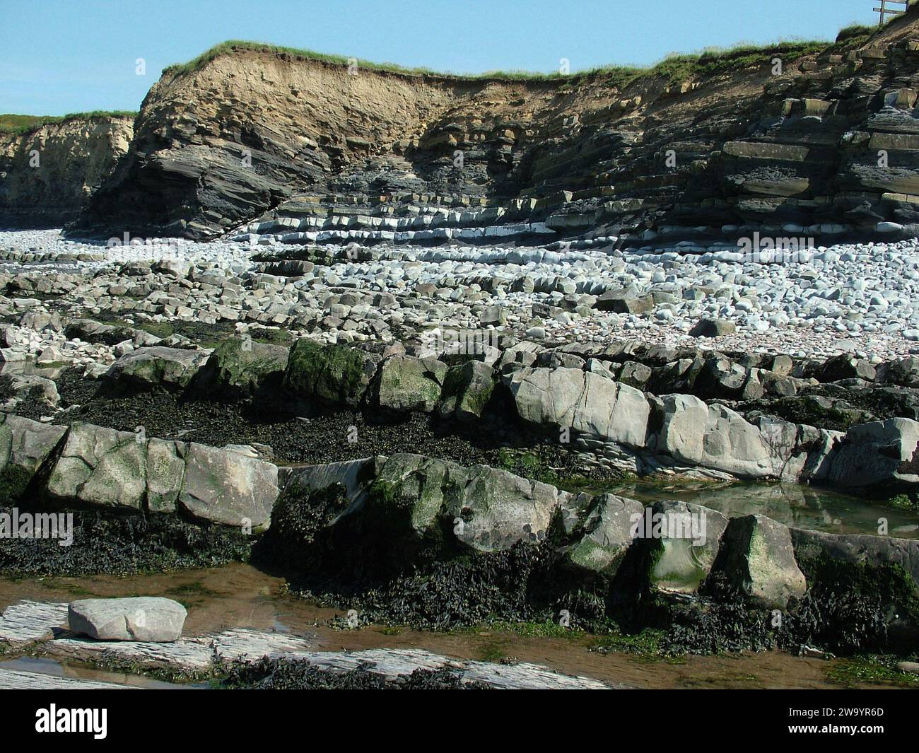 Die Klippen und der Strand von Kilve sind im frühen jurassischen Alter. Die Schichten enthalten Kalkstein- und Schieferschichten aus der unteren Lias-Zeit.Kilve liegt auf der Südseite Stockfoto