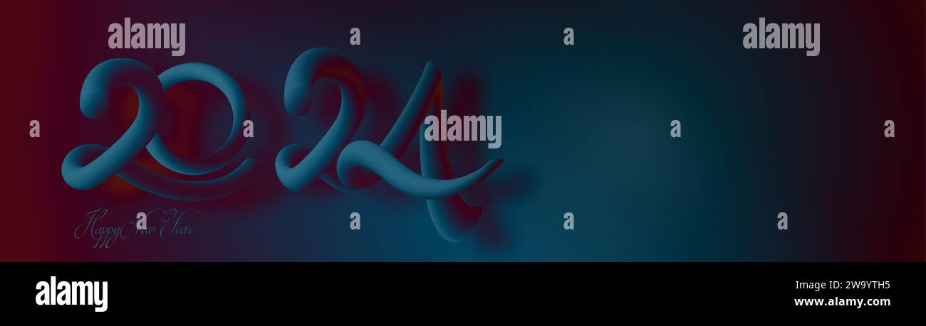 2024 Kalligraphie mit 3D-blauen Zahlen aus weichem, flexiblem Neon, Blasenröhrchen, Banner. Frohe Neujahrsfeier für Flyer, Plakate, Business-Logo Stock Vektor