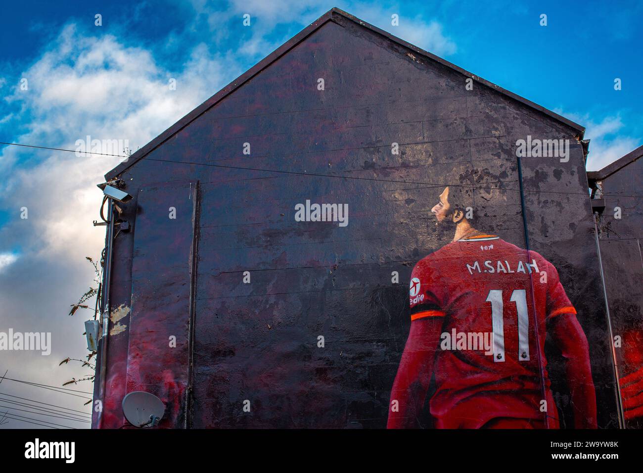Wandgemälde von Mo Salah, Liverpool Street Art, Anfield Road, Liverpool, England, VEREINIGTES KÖNIGREICH Stockfoto