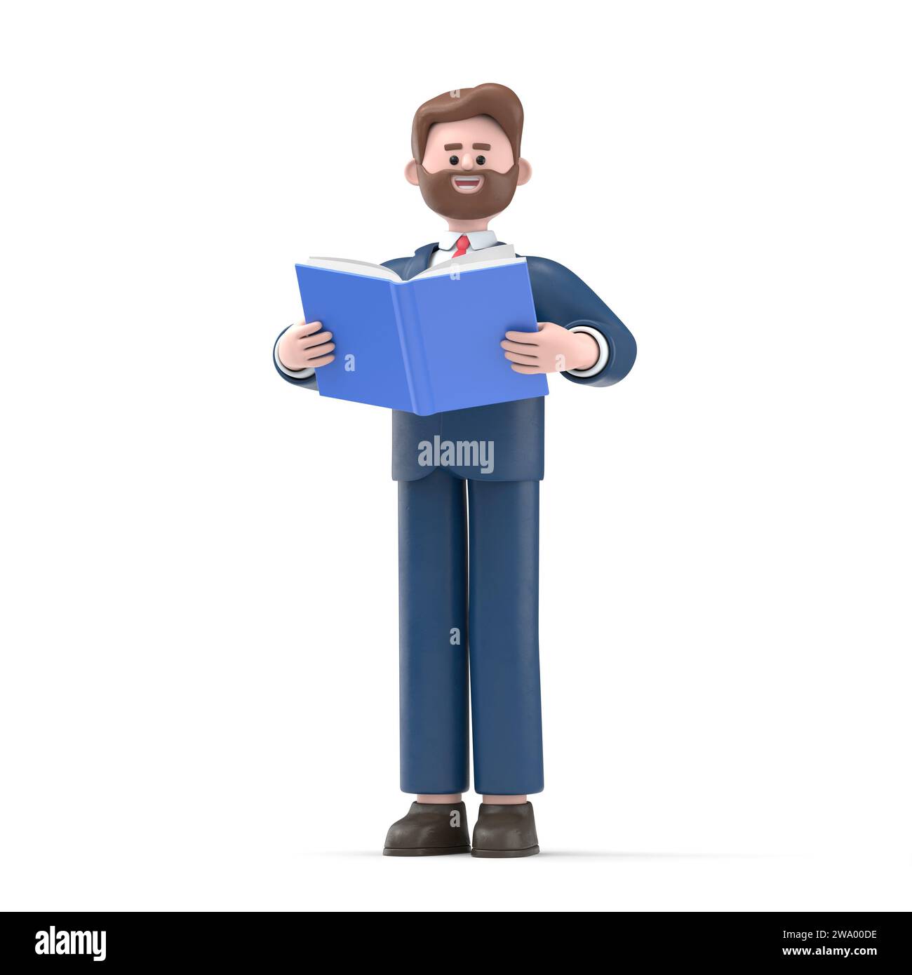 3D-Illustration eines Zeichentrickfiguren mit Buch. Learning Concept.3D-Rendering auf weißem Hintergrund. Stockfoto