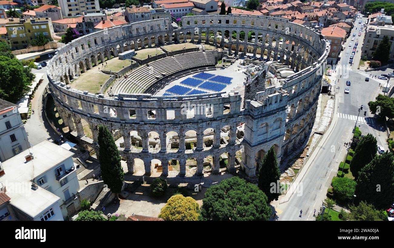 Drohnenfoto Pula Amphitheater, Amfiteatar u Puli Pula Kroatien Europa Stockfoto