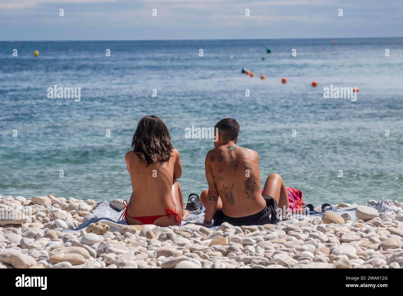 La Cala Portitxol (Portichol) oder Portitxol Strand oder auch bekannt als Cala de la Barraca de Javea liegt zwischen Cap Prim und El Cap Negre. Stockfoto