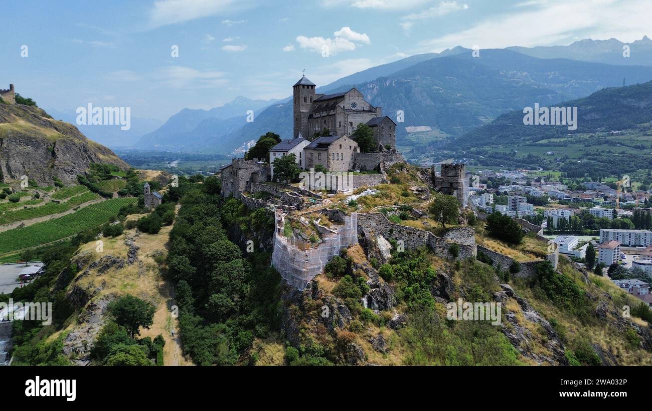 Drohnenfoto Valère Basilika Sion Schweiz Europa Stockfoto