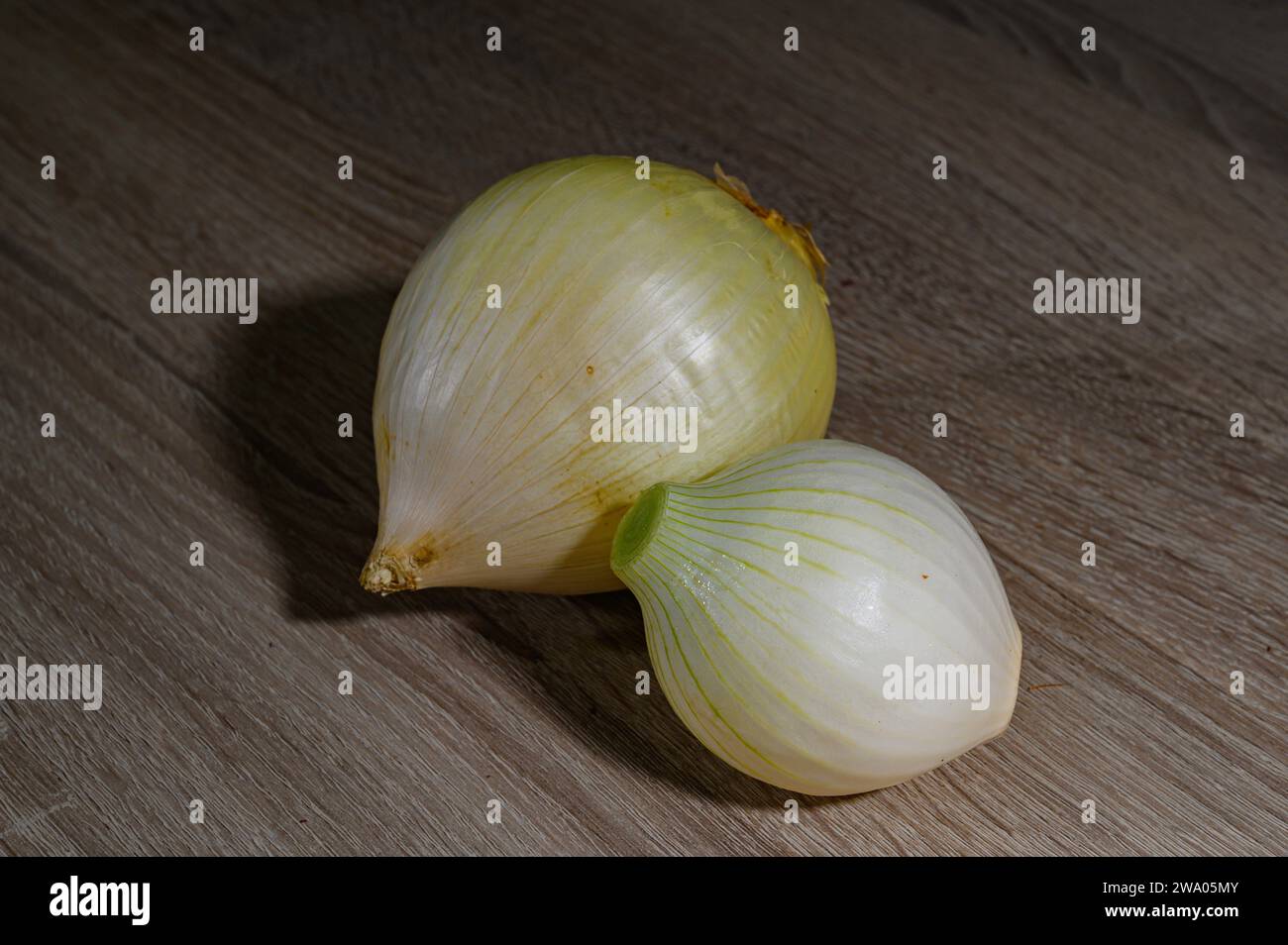 Zwei Zwiebeln, eine große süße Zwiebel und eine kleine Zwiebeln oder französische Zwiebel, ganz, roh, ungeschält weiß auf einem hellen Holztisch Stockfoto