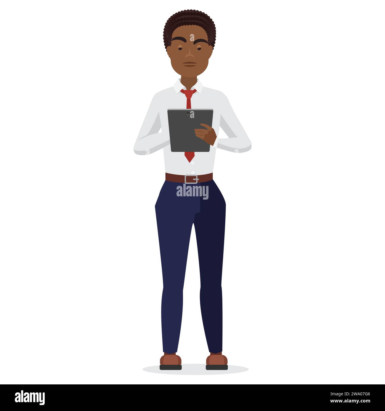 Schwarzer Geschäftsmann mit Tablet. Afrikanischer männlicher Büroangestellter Cartoon-Vektor-Illustration Stock Vektor