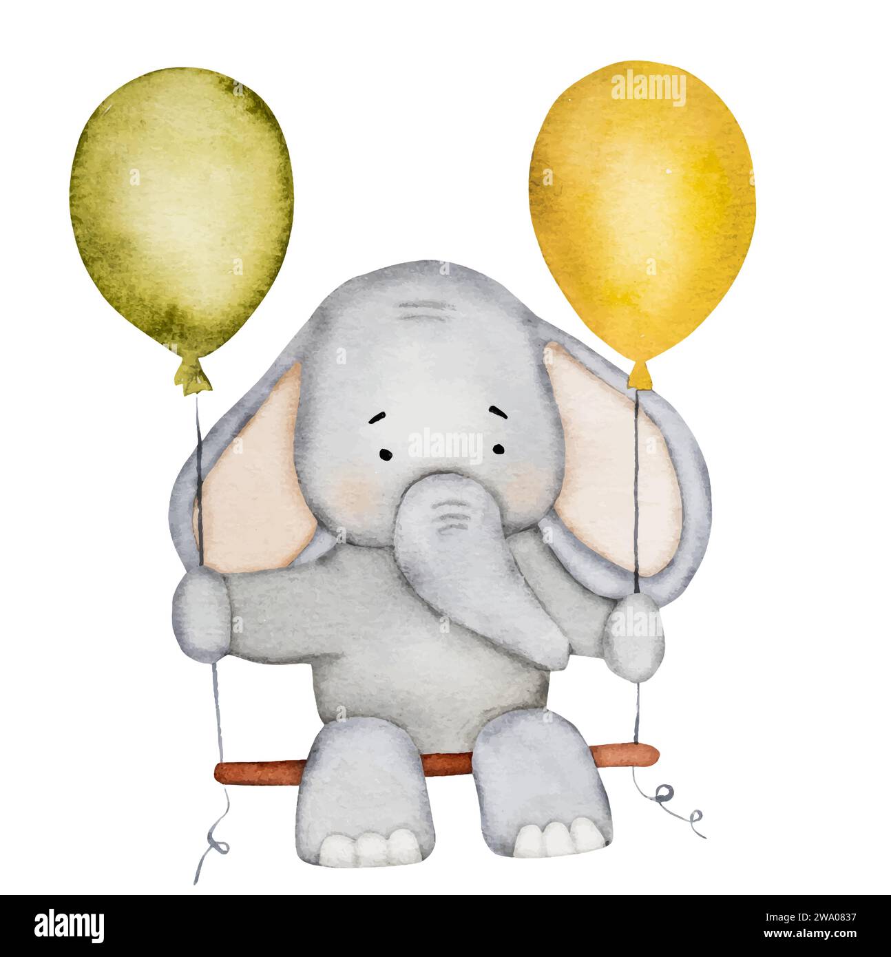 Niedlicher Elefant auf Bank mit Luftballons Aquarellmalerei für Baby-Kind-Postkarte. Zeichentricktier mit Kofferaquarellzeichnung für Kinder Stock Vektor