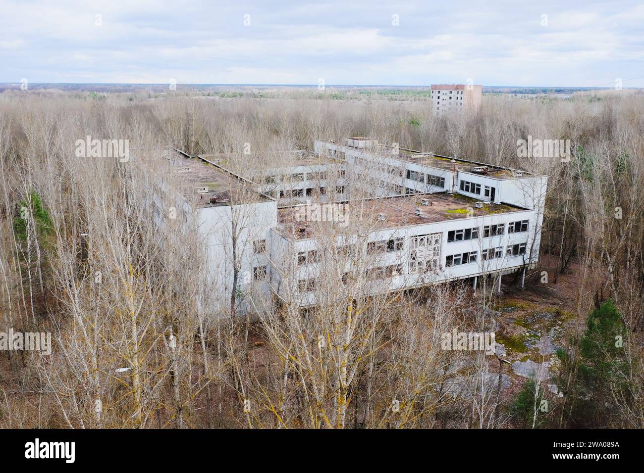 Ein ruiniertes Gebäude, seine Fenster zertrümmert, von der Natur überholt. Stockfoto