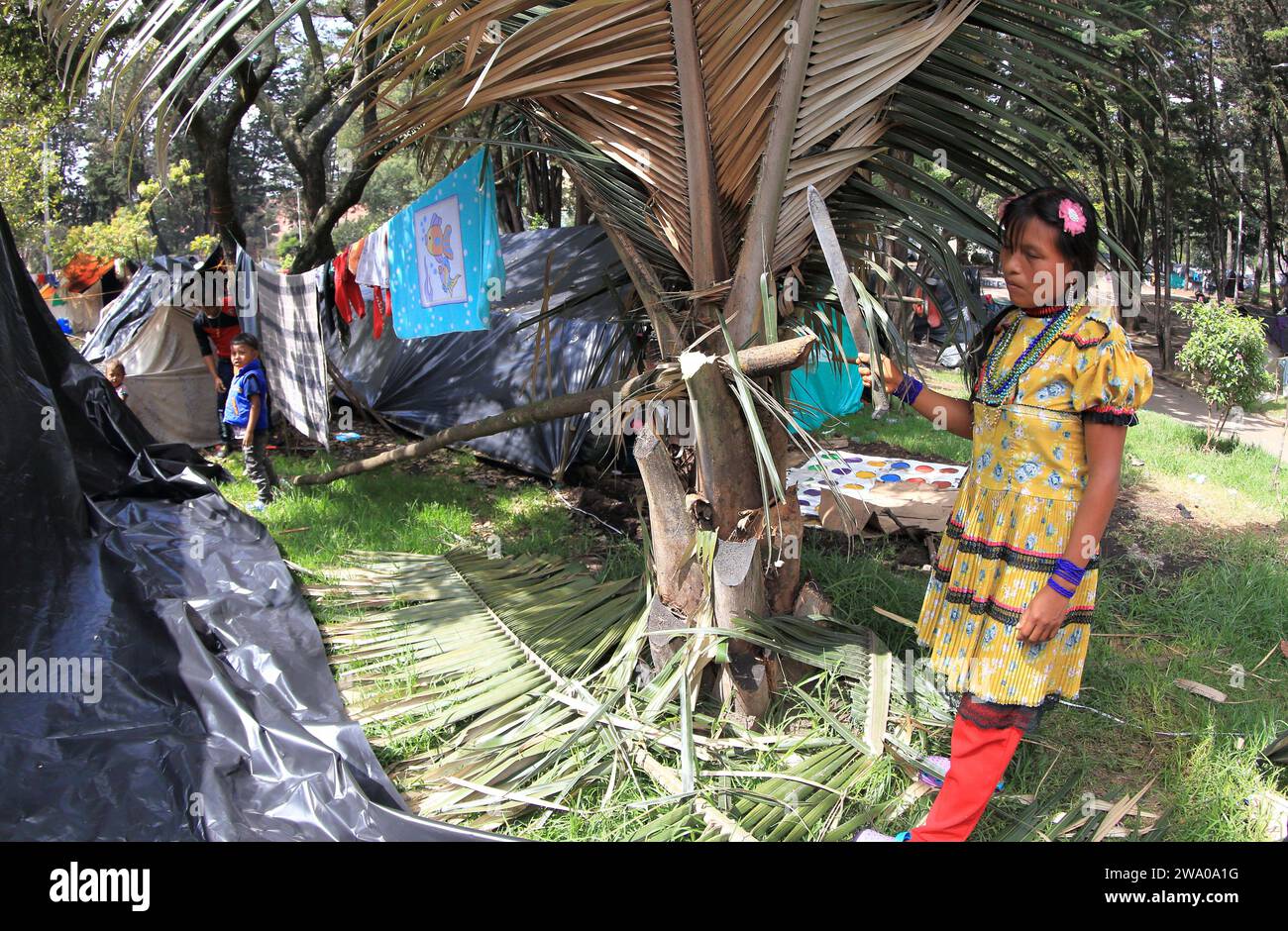 29. Dezember 2023, Bogota.Colombia : ein indigenes Kind, das durch den Konflikt zwischen der kolumbianischen ELN-Guerilla und dem Militärangehörigen vertrieben wurde, verlässt sein improvisiertes Zelt im Nationalpark von Bogota City am Vorabend von Neu-YearÂ. (Kreditbild: © Jose Isaac Bula Urrutia/OKULARIE via ZUMA Press Wire) NUR REDAKTIONELLE VERWENDUNG! Nicht für kommerzielle ZWECKE! Stockfoto