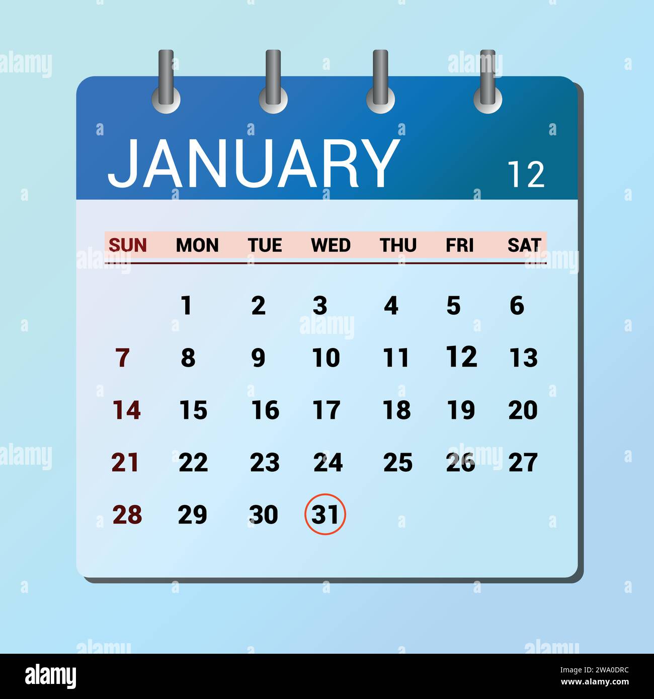 Januar 31. Kalender mit flachen Symbolen auf blauem Hintergrund isoliert. Vektorillustration für Datum und Monat Stock Vektor