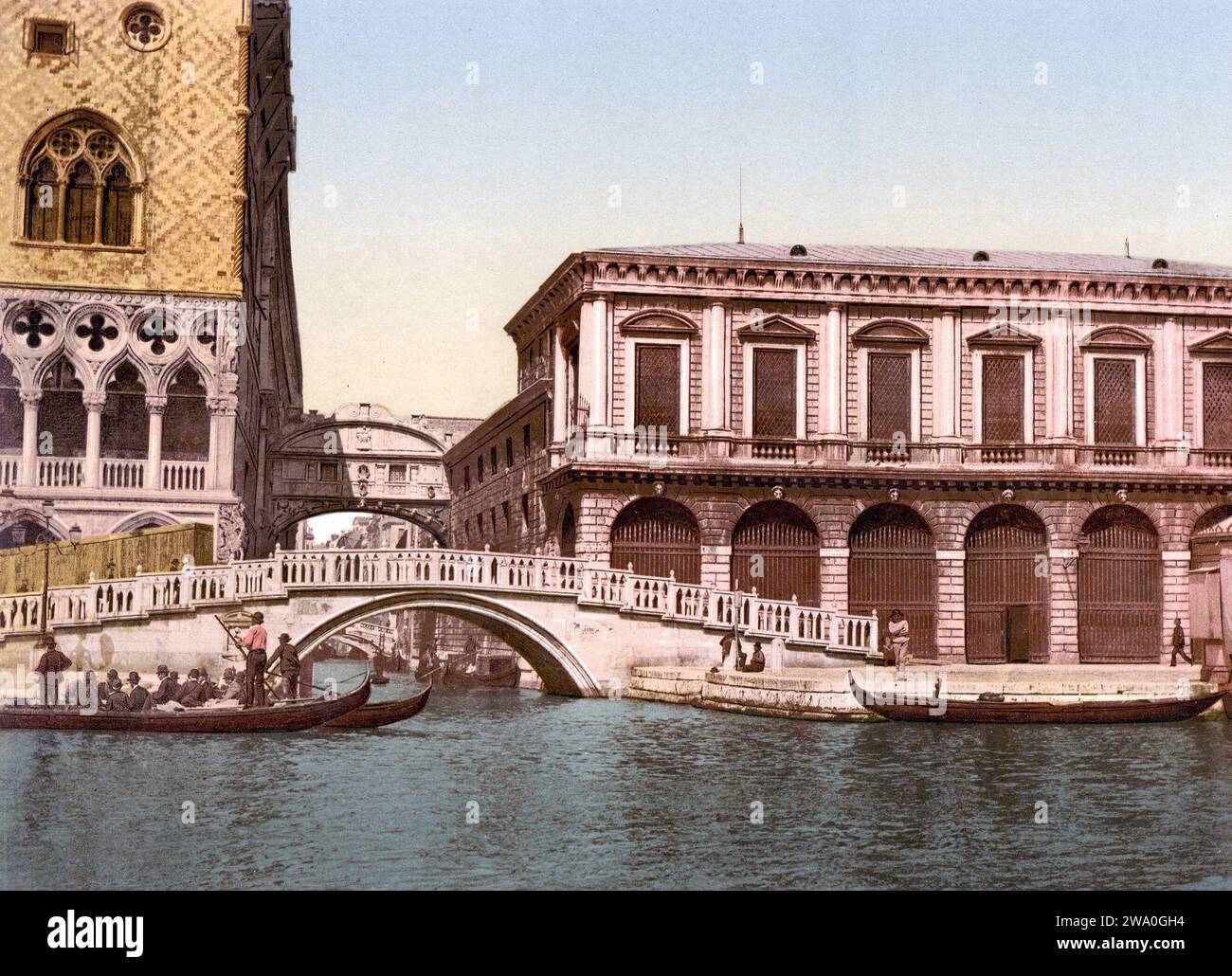 Vintage-Farbfotolithographie der Seufzerbrücke über den Rio di Palazzo, Venedig, Italien ca. 1890-1900 Stockfoto