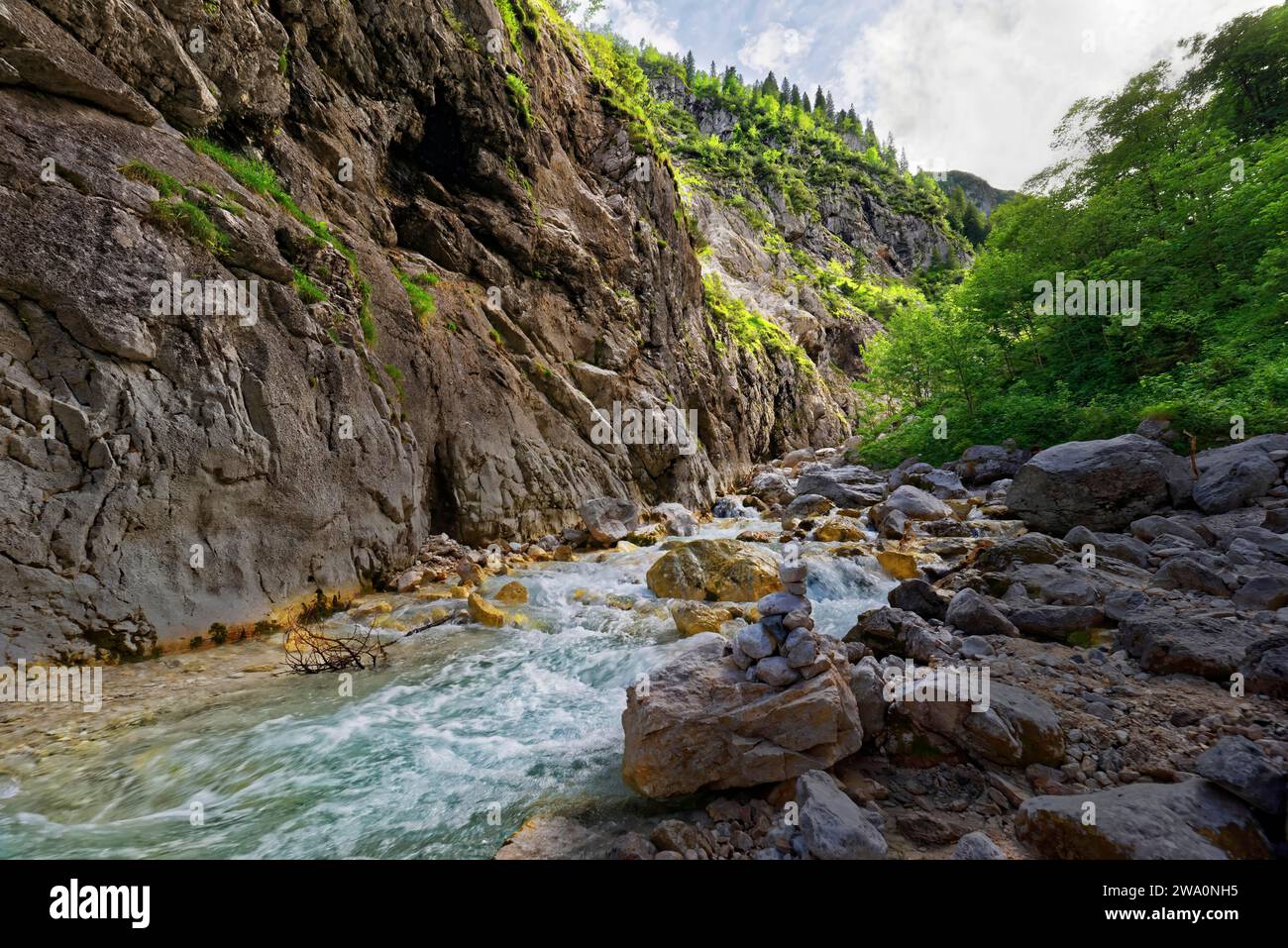 Wildes, schäumendes Wasser fließt über Felsen in einem bewachsenen Flusstal, Höllentalklamm, Höllental, Hammersbach, Garmisch-Partenkirchen, Wetterstein-Sortiment, Stockfoto