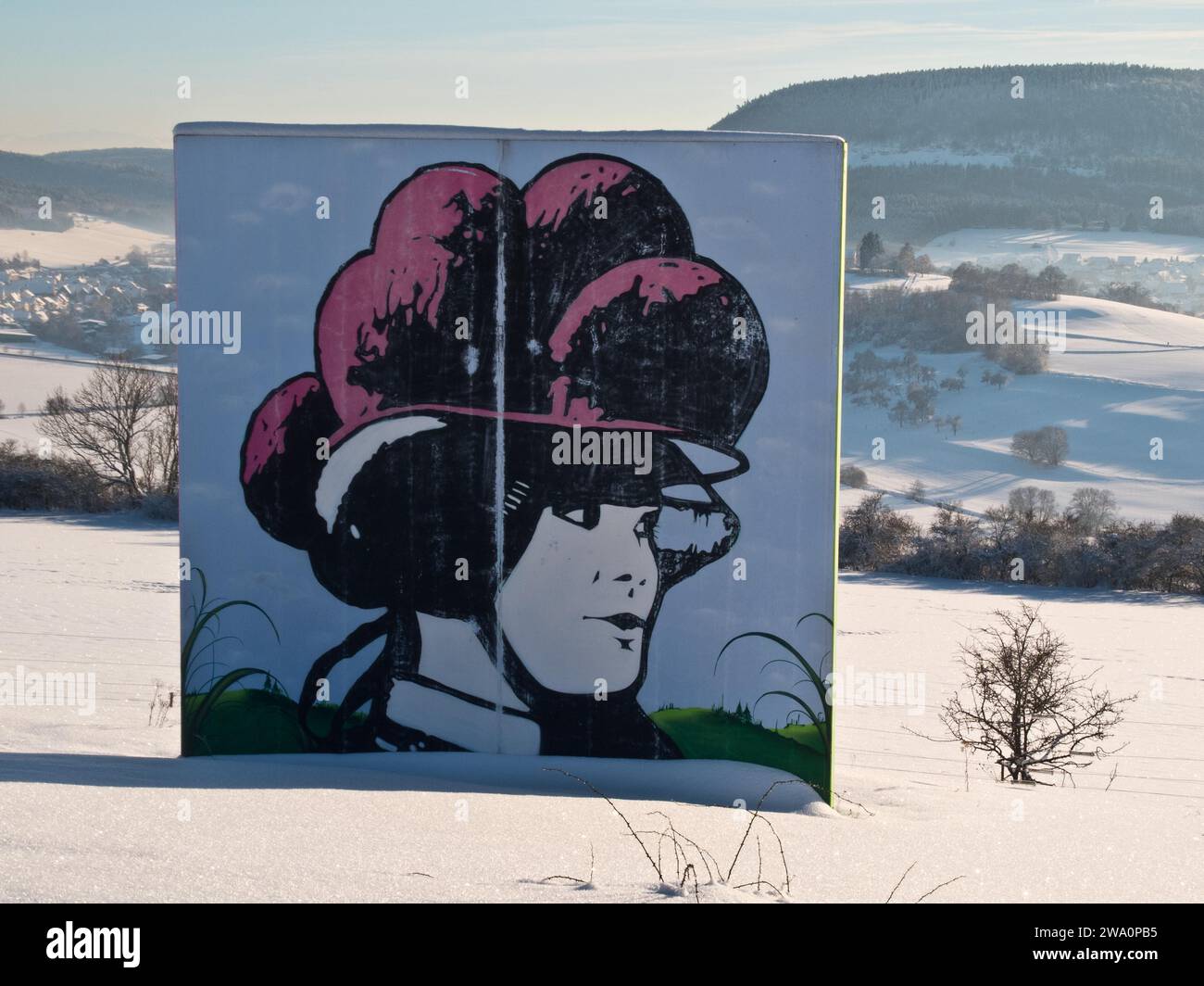 Kunststiftung Hofgut hoher Karpfen, Schnee, Schwäbische Alb, Baden-Württemberg, Deutschland, Europa Stockfoto