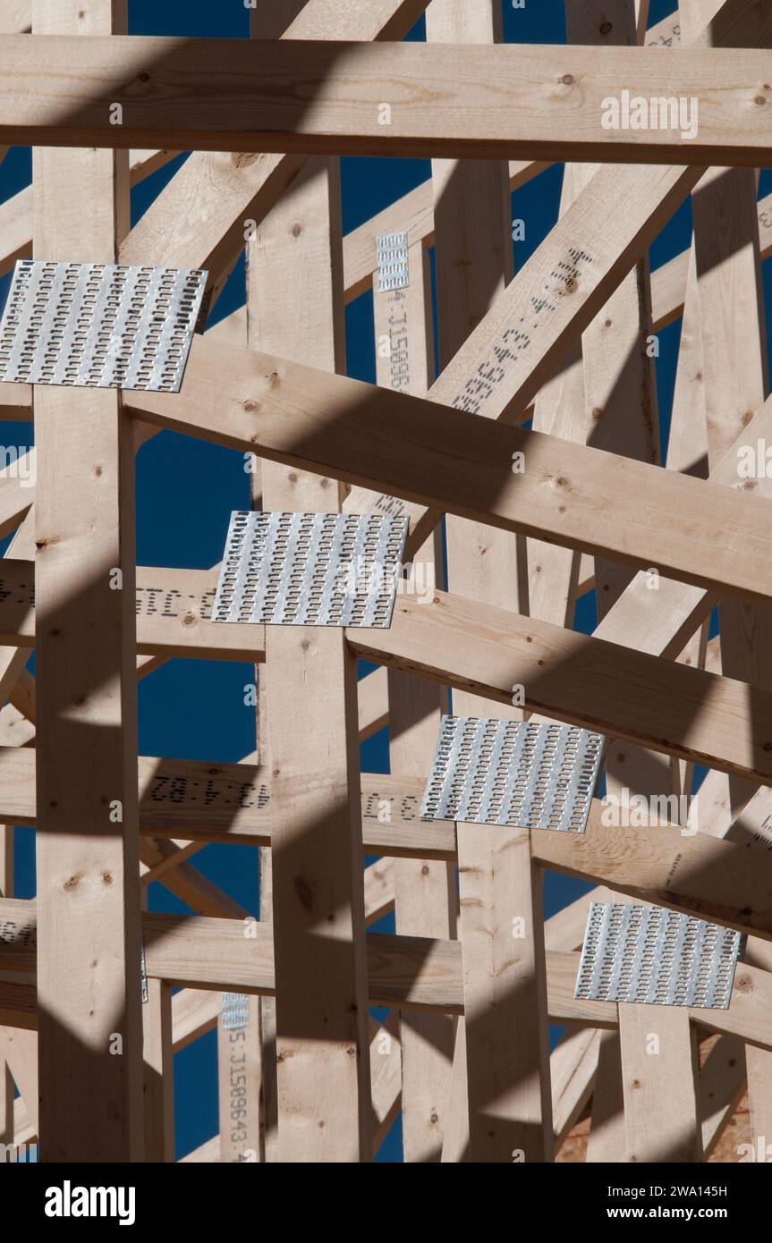 Tragende Stützen eines im Bau befindlichen Hauses mit Stahlträgern, die viele 2x4- und 2x6-Bretter verbinden. Stockfoto