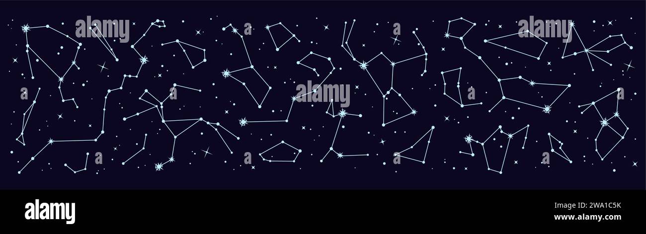 Sternenkonstellationsrand oder -Hintergrund. Nachthimmel-Kartenmuster. Astronomie Planetarium Galaxie Sternkonstellation Panorama oder esoterische Astrologie Zodiac Himmelshintergrund, Vektortapete oder Druck Stock Vektor