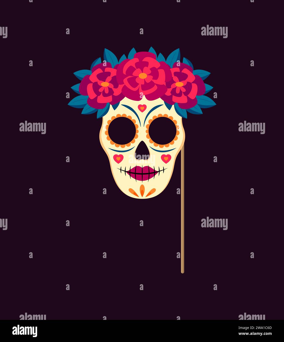 Tottag-Fotokabine-Maske mit Requisiten. Mexikanische Dia de los muertos feiert Katrina Sugar Skull mit Mustern, leuchtenden Farben und Blumenkranz. Ein zartes Gleichgewicht aus Schönheit und Gruseligkeit zum Feiern Stock Vektor
