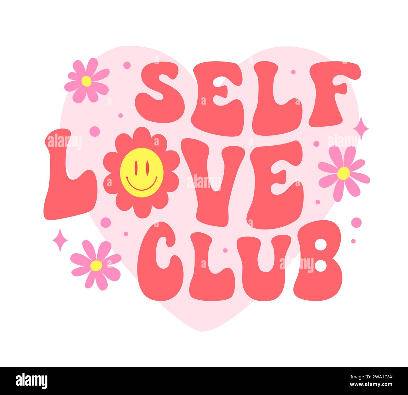 Vintage-grooviges Zitat des Self Love Clubs. Vektor-Retro-Schriftart mit Blumen, Motivationsslogan der Akzeptanz, Wertschätzung und Feier Ihrer Einzigartigkeit, die innere Stärke und echtes Glück fördert Stock Vektor