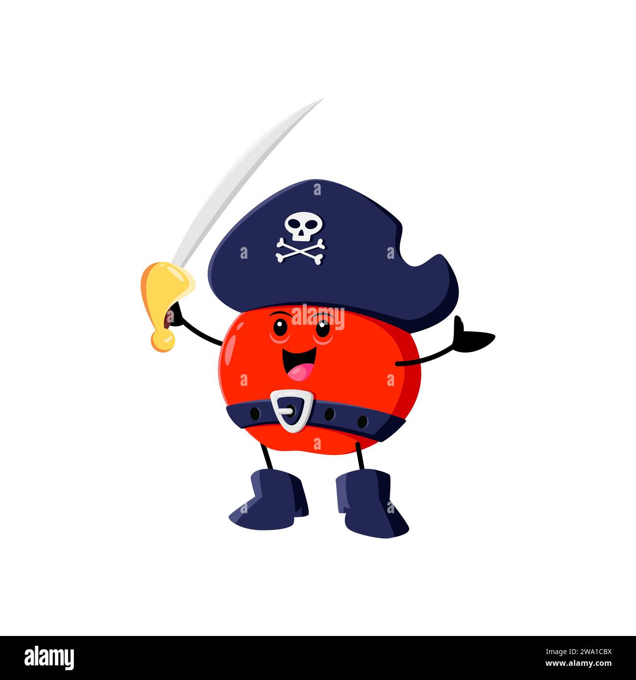 Zeichentrickfigur aus rotem Apfel und Korsair. Isolierte Vektor-Frucht-Persönlichkeit trägt Tricorn-Hut und Säbel, strahlt fruchtig schwindelnden Geist aus, segelt durch die Obstwiesen-Meere auf der Suche nach saftigen Schätzen Stock Vektor