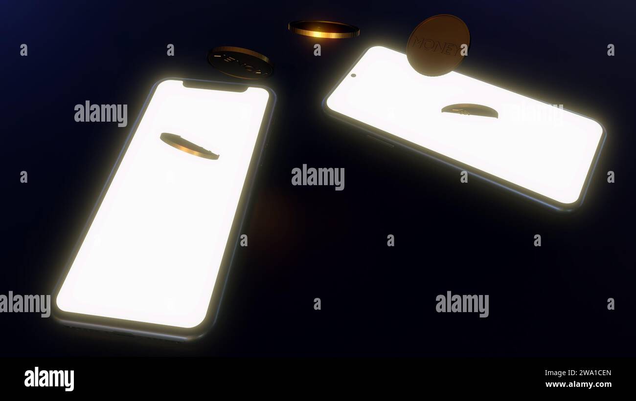 Eine 3D-Animation von Münzen, die über ein Smartphone übertragen werden, als Symbol für digitales Banking Stockfoto