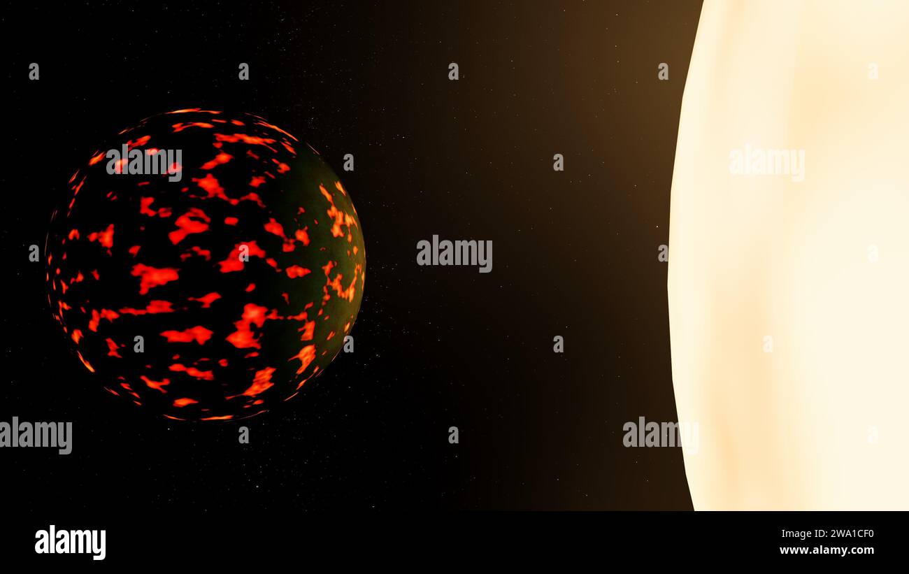 3D-Darstellung 55 Cancri e oder 55 Cnc e, oder Janssen ist ein Exoplanet in der Umlaufbahn seiner Sonne Stockfoto