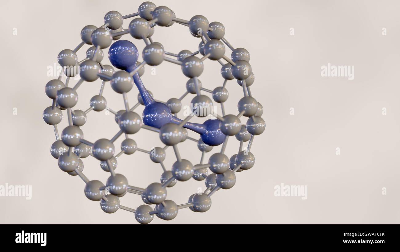3D-Rendering von H2O oder Wassermolekül im Fullerene C60-Käfig Stockfoto
