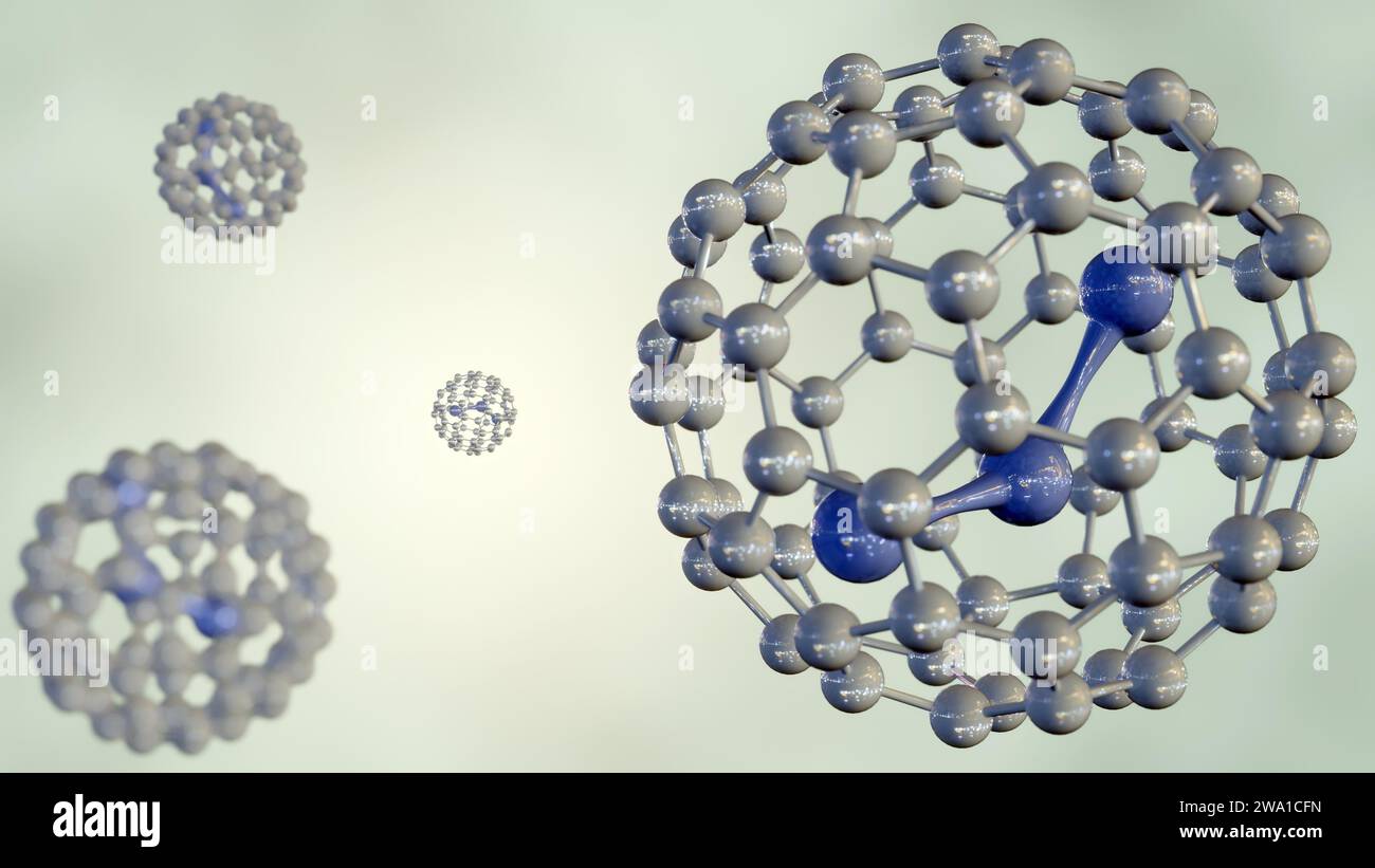 3D-Rendering von H2O oder Wassermolekül im Fullerene C60-Käfig Stockfoto