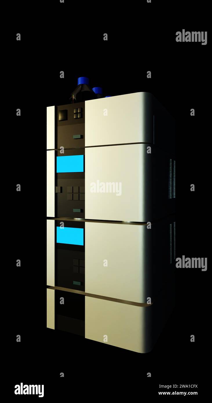 3D-Rendering einer isolierten Hochleistungs-Flüssigkeitschromatographie (HPLC)-Maschine Stockfoto