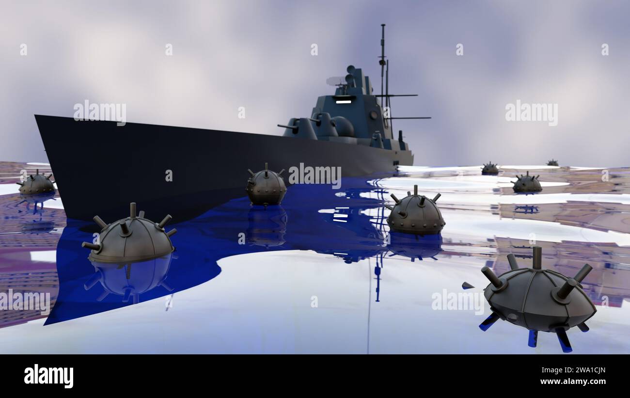 Eine 3D-Darstellung einer Seemine, auch bekannt als Marinemine, die im Wasser und einem Kriegsschiff liegt. Stockfoto