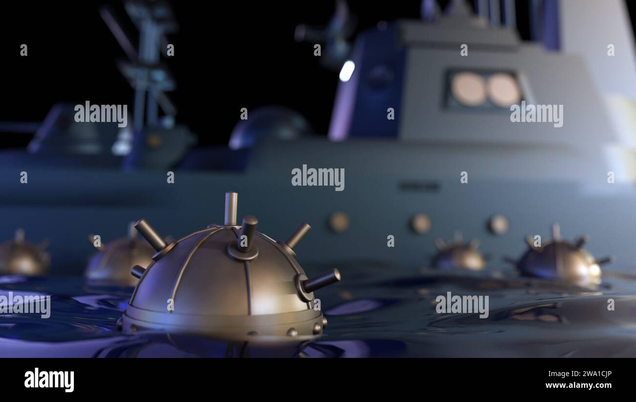 Eine 3D-Darstellung einer Seemine, auch bekannt als Marinemine, die im Wasser und einem Kriegsschiff liegt. Stockfoto