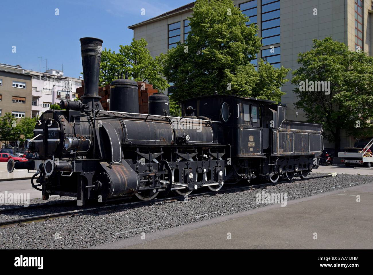 Ex-Jugoslawische Eisenbahnen 0-6-0 No.125 052, gebaut von der Ungarischen Staatsbahn MAV 1894, ausgestellt am Bahnhof Glavani Kolodvor in Zagreb, Kroatien Stockfoto