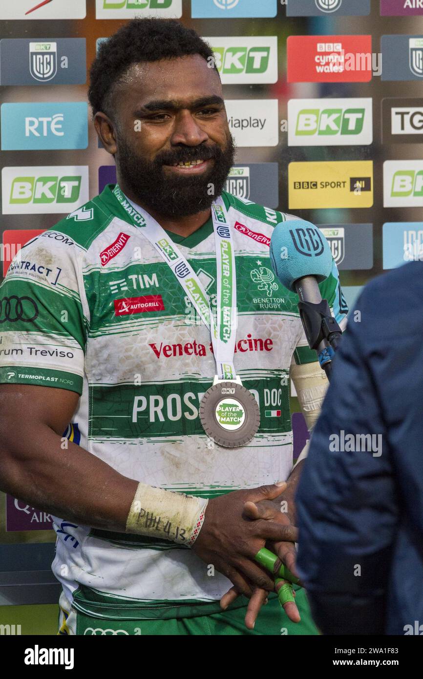 Treviso, Italien. Dezember 2023 30. Onisi Ratave URC Spieler des Spiels während Benetton Treviso vs Zebre Parma, United Rugby Championship Match in Treviso, Italien, Dezember 30 2023 Credit: Independent Photo Agency/Alamy Live News Stockfoto