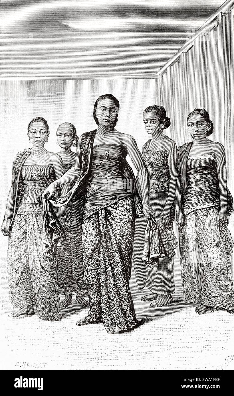 Die javanischen Tänzer, Java Island. Indonesien, Südosten. Sechs Wochen in Java 1879 von Desire Charnay (1828–1915). Alter Stich aus dem 19. Jahrhundert aus Le Tour du Monde 1880 Stockfoto