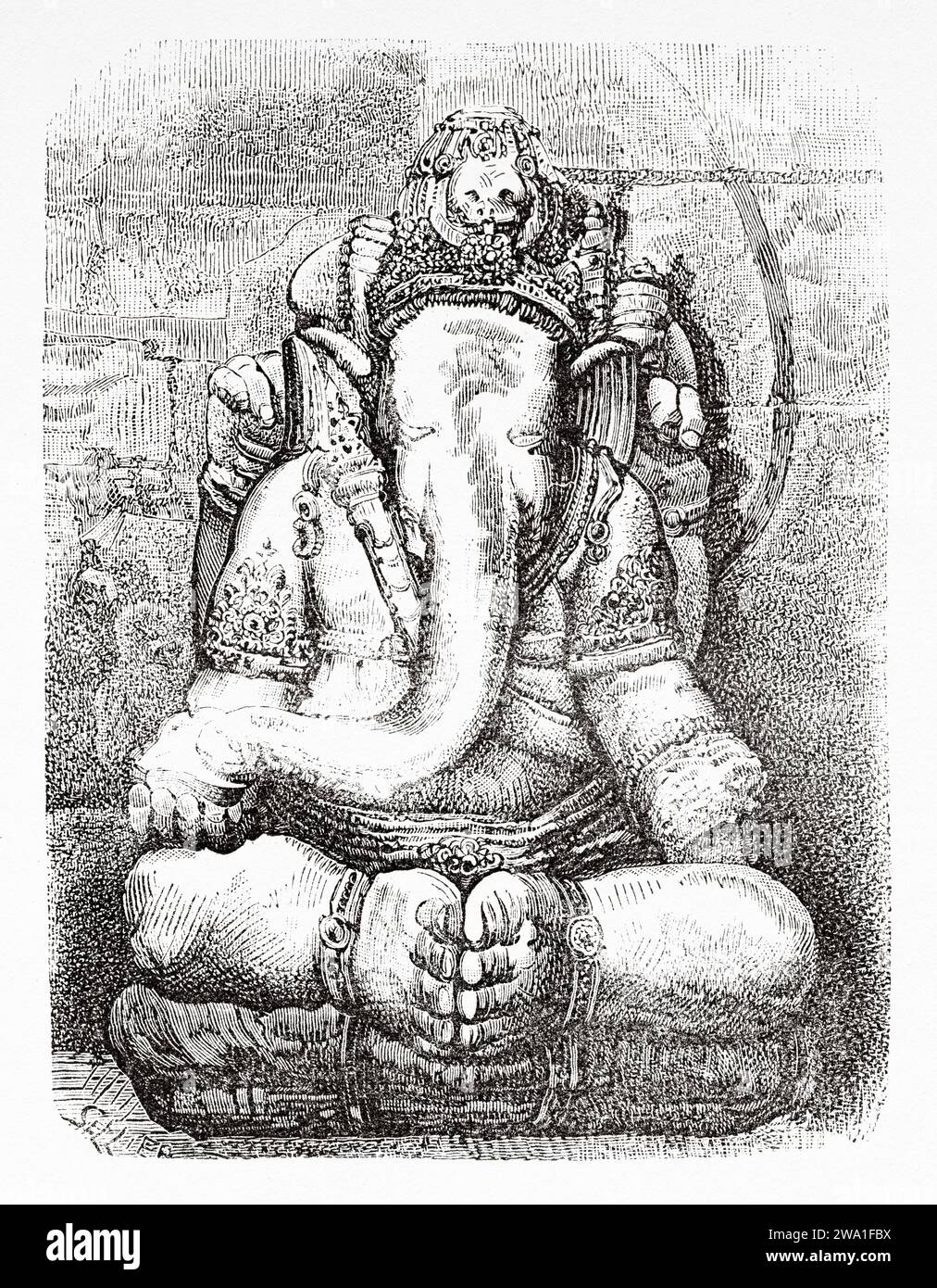 Die große Statue von Shivas Sohn. Ganesha, einer der bekanntesten und am meisten verehrten Gottheiten im Hindu-pantheon und ist der höchste Gott in der Ganapatya-Sekte Java-Insel. Indonesien, Südosten. Sechs Wochen in Java 1879 von Desire Charnay (1828–1915). Alter Stich aus dem 19. Jahrhundert aus Le Tour du Monde 1880 Stockfoto