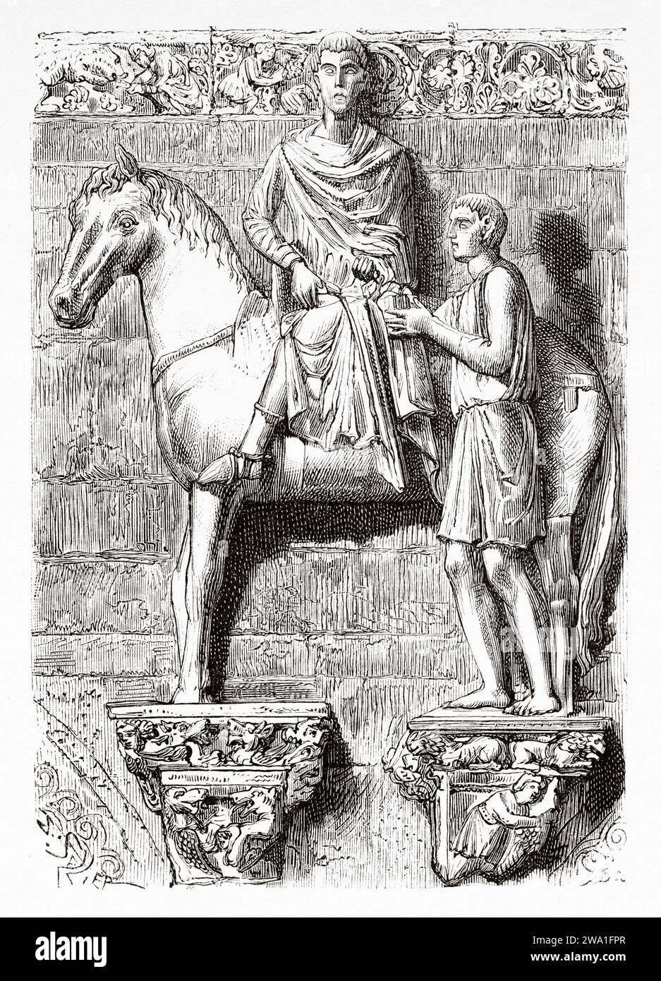 St. Martin teilt seinen Mantel mit den Armen, Kathedrale St. Martin (11.-12. Jahrhundert) Duomo di San Martino, Lucca. Toskana, Mittelitalien. Europa. Kleine Städte und große Kunst in der Toskana von Henri Belle (1837–1890) Alter Stich aus dem 19. Jahrhundert aus Le Tour du Monde 1880 Stockfoto