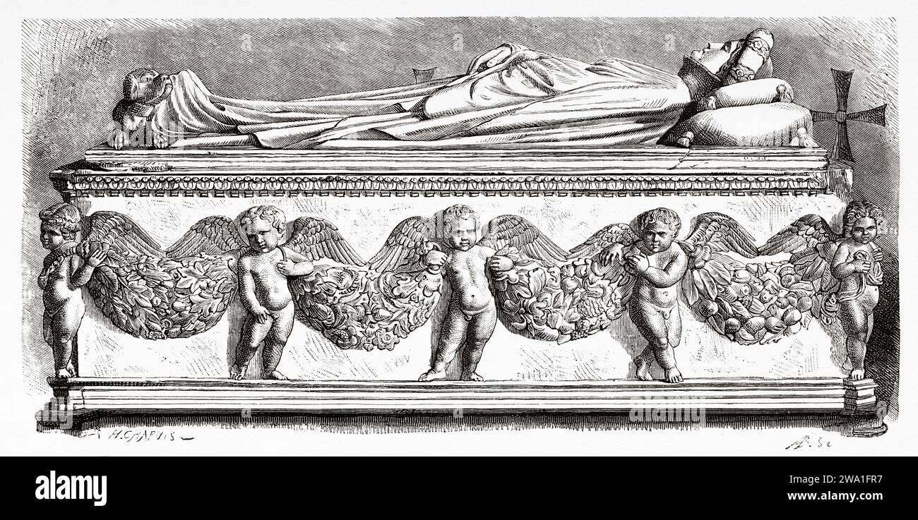 Grabmal von Ilaria del Carretto (1379–1405) Ehefrau des edlen Lucchese Paul Guinigi, von Jacopo della Quercia. Lucca. Toskana, Mittelitalien. Europa. Kleine Städte und große Kunst in der Toskana von Henri Belle (1837–1890) Alter Stich aus dem 19. Jahrhundert aus Le Tour du Monde 1880 Stockfoto