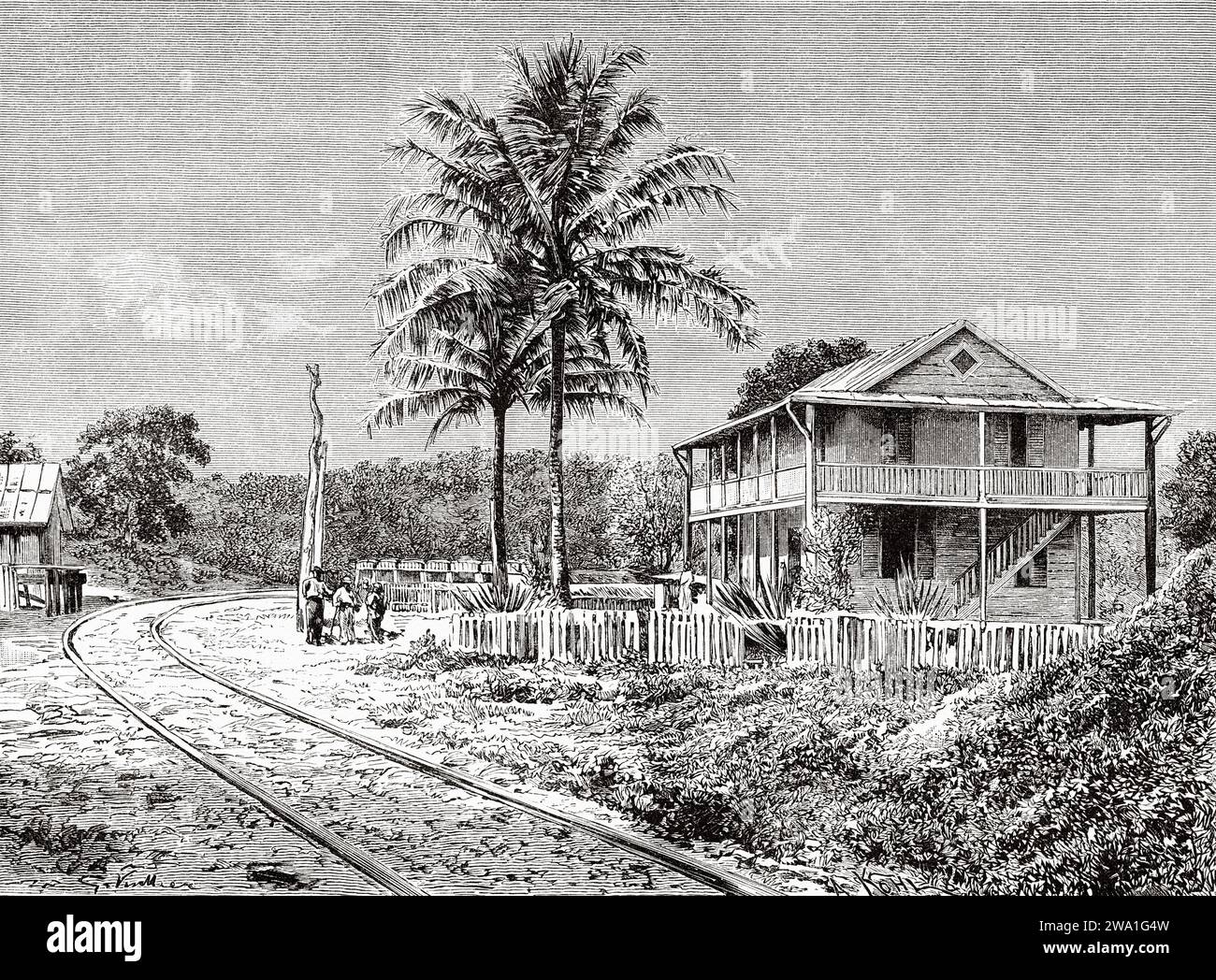 Panamakanalbahn. Bahnhof San Pablo und Barbacoas Bridge, Republik Panama. Zentralamerika. Erkundungen im Isthmus von Panama und Darien 1876-1878 von Armand Reclus (1843–1927) Stich aus dem 19. Jahrhundert aus Le Tour du Monde 1880 Stockfoto
