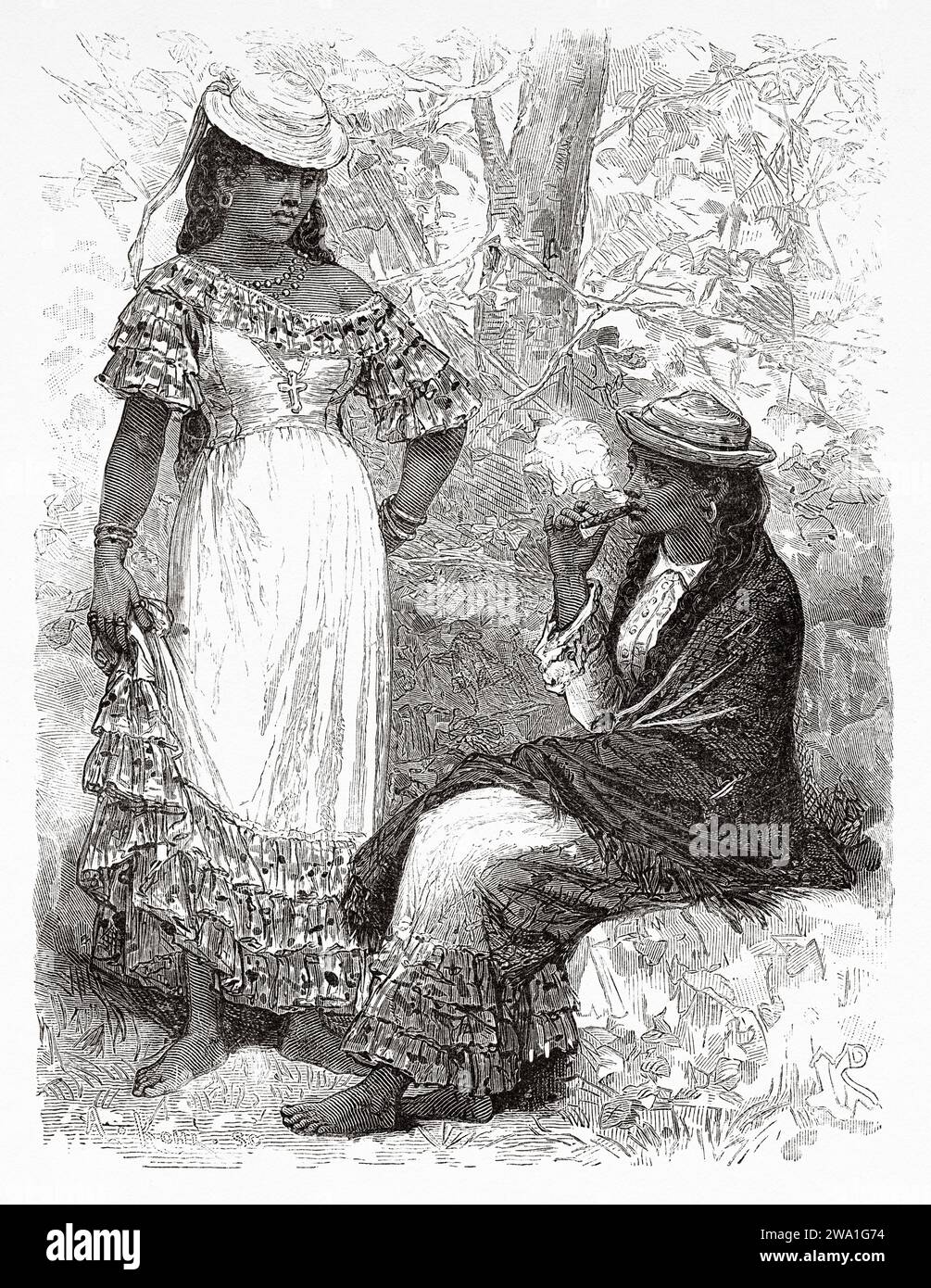 Darién-Frauen tragen traditionelle Pollera-Kleidung. Republik Panama. Zentralamerika. Erkundungen im Isthmus von Panama und Darien 1876-1878 von Armand Reclus (1843–1927) Stich aus dem 19. Jahrhundert aus Le Tour du Monde 1880 Stockfoto