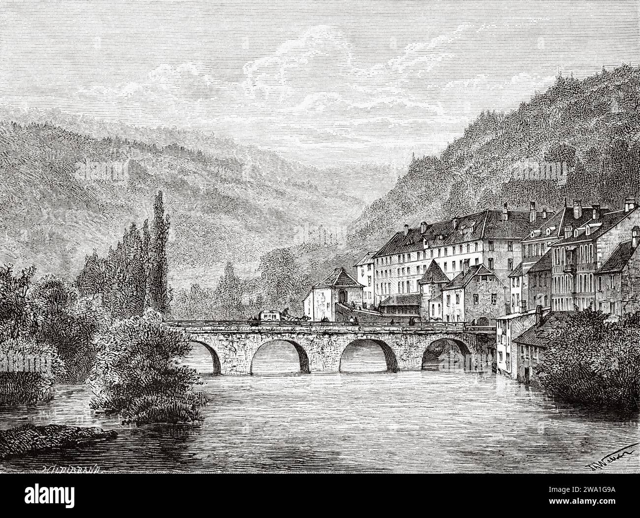 Brücke auf dem Doubs River, Saint Hippolyte Village, Doubs. Bourgogne-Franche-Comté, Frankreich, Europa. Der Saut du Doubs, die französisch-schweizerische Grenze. Souvenir de Franche Comté Par Charles Joliet (1832 - 1910) Stich aus dem 19. Jahrhundert aus Le Tour du Monde 1880 Stockfoto