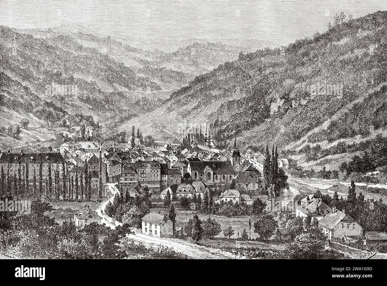 Saint Hippolyte Village, Doubs. Bourgogne-Franche-Comté, Frankreich, Europa. Der Saut du Doubs, die französisch-schweizerische Grenze. Souvenir de Franche Comté Par Charles Joliet (1832 - 1910) Stich aus dem 19. Jahrhundert aus Le Tour du Monde 1880 Stockfoto