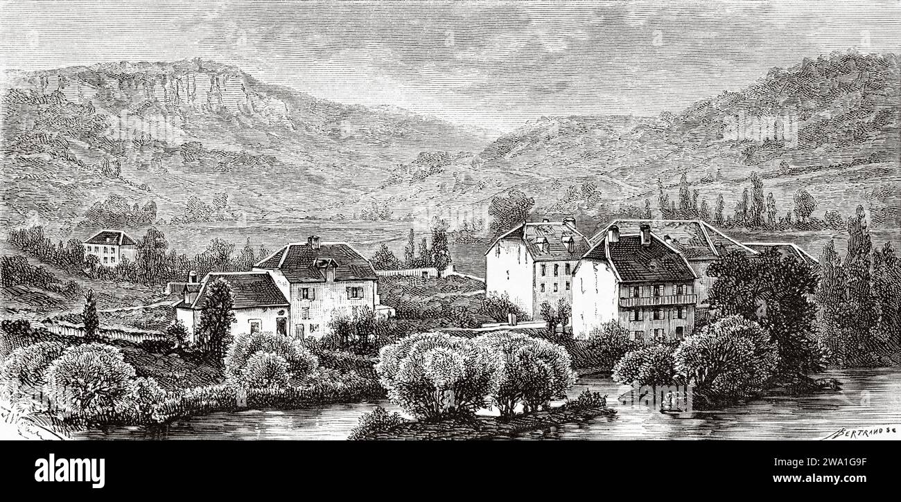 Vallée du Doubs. Bourgogne-Franche-Comté, Frankreich, Europa. Der Saut du Doubs, die französisch-schweizerische Grenze. Souvenir de Franche Comté Par Charles Joliet (1832 - 1910) Stich aus dem 19. Jahrhundert aus Le Tour du Monde 1880 Stockfoto