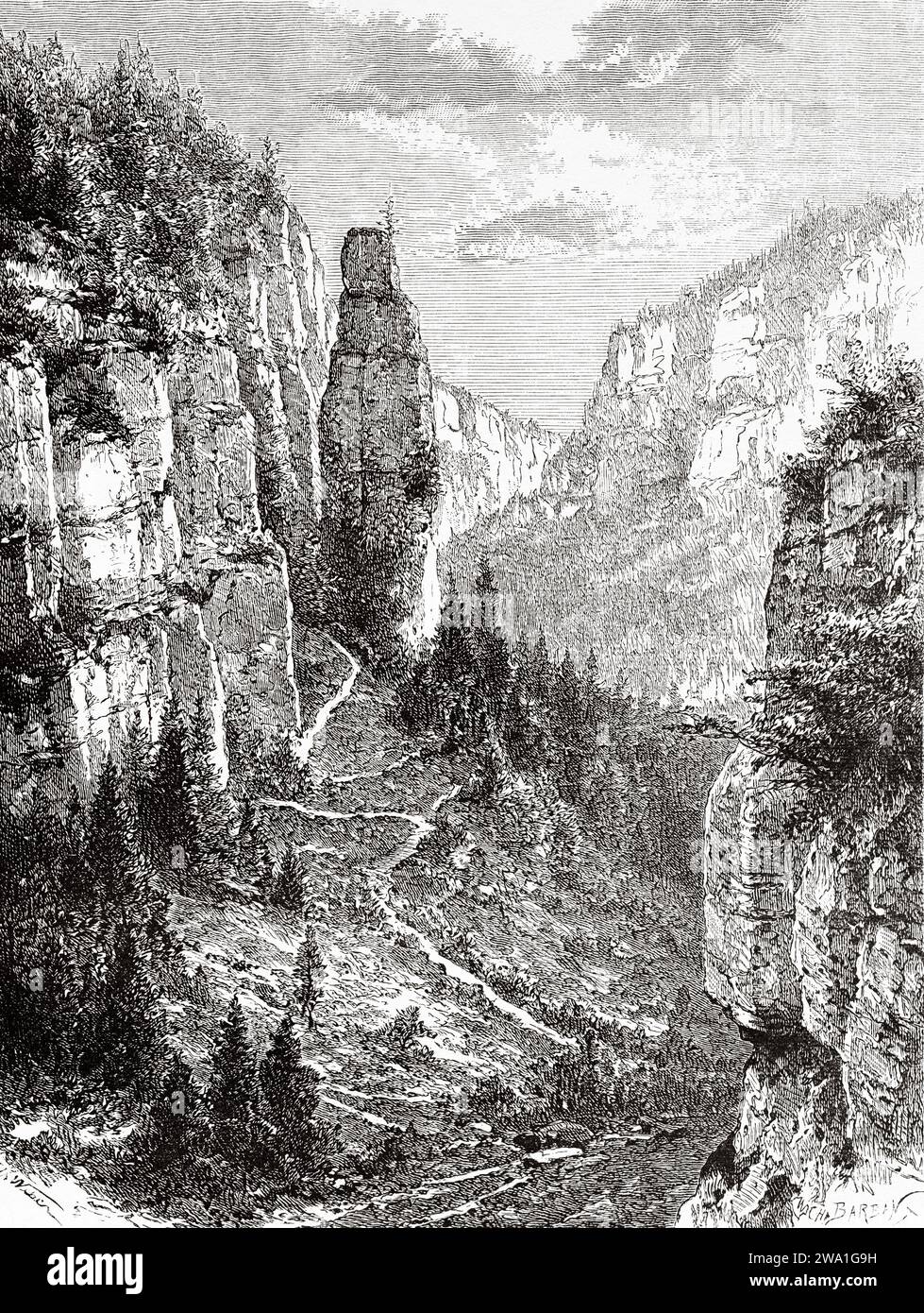 Der Weg des Moulin de la Mort. Bourgogne-Franche-Comté, Frankreich, Europa. Der Saut du Doubs, die französisch-schweizerische Grenze. Souvenir de Franche Comté Par Charles Joliet (1832 - 1910) Stich aus dem 19. Jahrhundert aus Le Tour du Monde 1880 Stockfoto