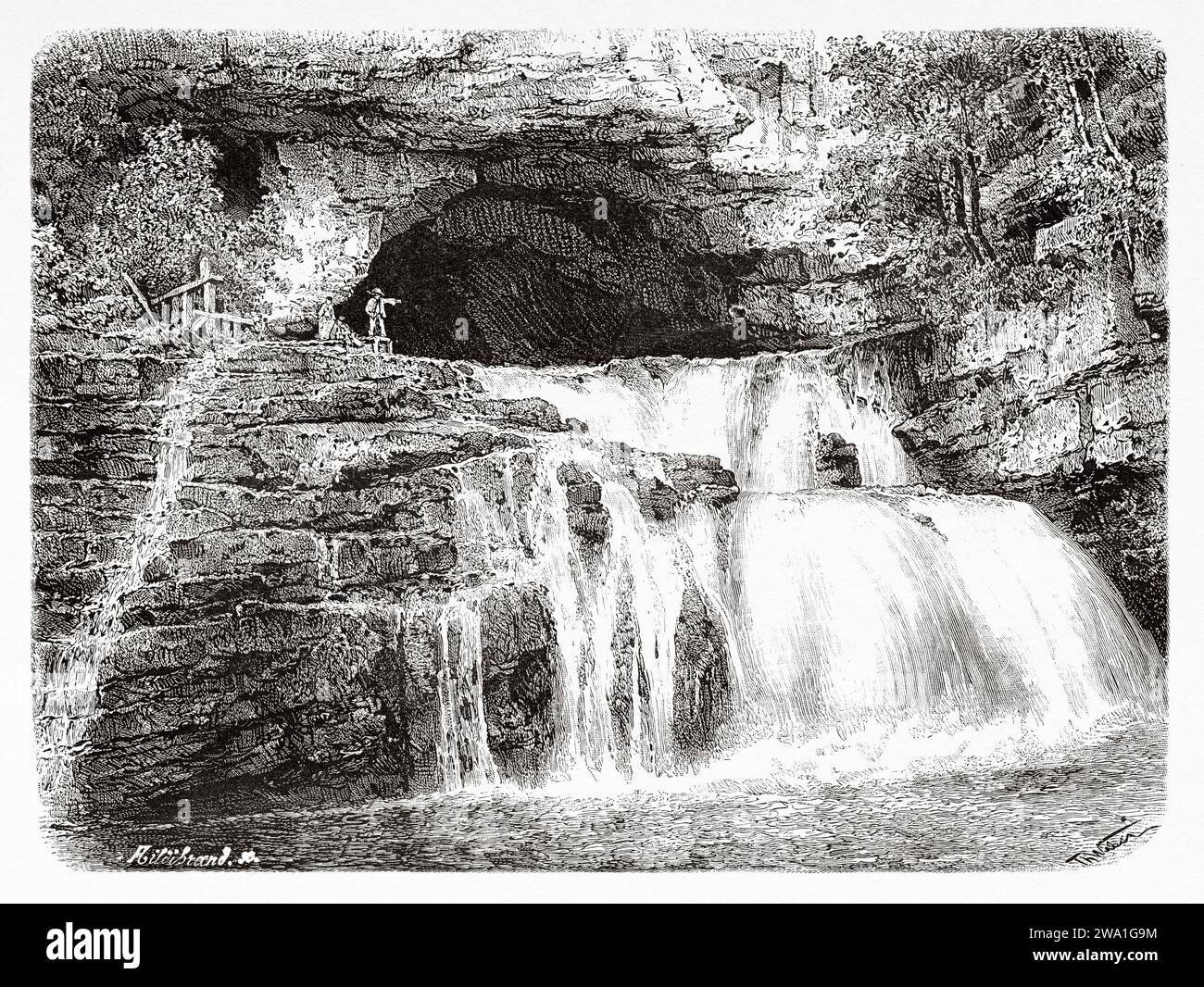 Wasserfall der Quelle du Lison, Nans-sous-Sainte-Anne. Bourgogne-Franche-Comté, Frankreich, Europa. Der Saut du Doubs, die französisch-schweizerische Grenze. Souvenir de Franche Comté Par Charles Joliet (1832 - 1910) Stich aus dem 19. Jahrhundert aus Le Tour du Monde 1880 Stockfoto